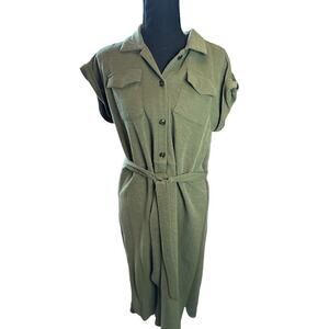 Olive Green Midi Shirt Dress with Belt Roll Tab‎ Sleeve Career Casual